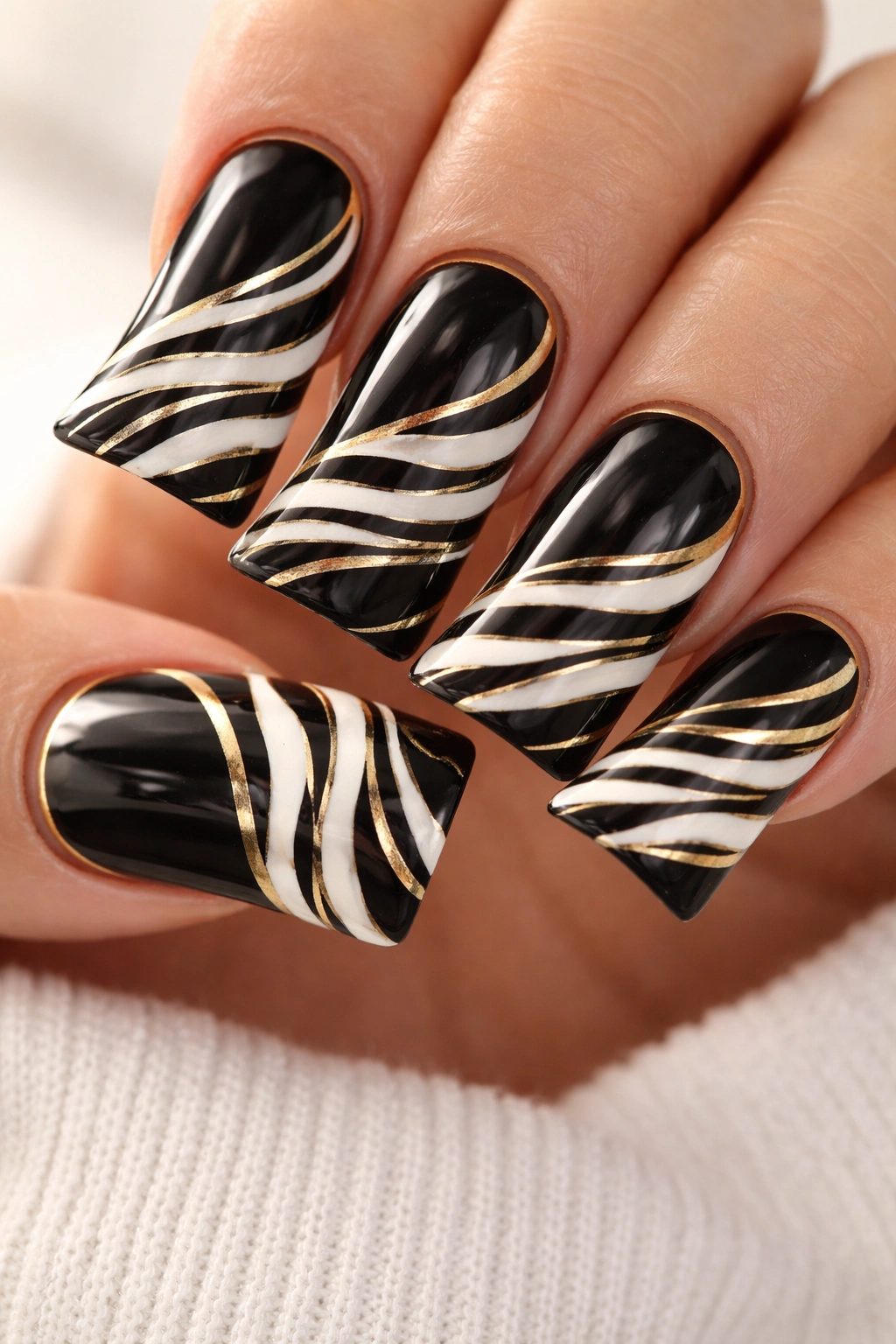 Dark base duck nails with white zebra stripes and thin gold lines