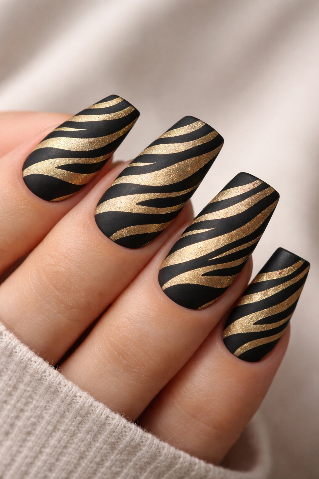 Matte gold and black zebra nails on duck shape