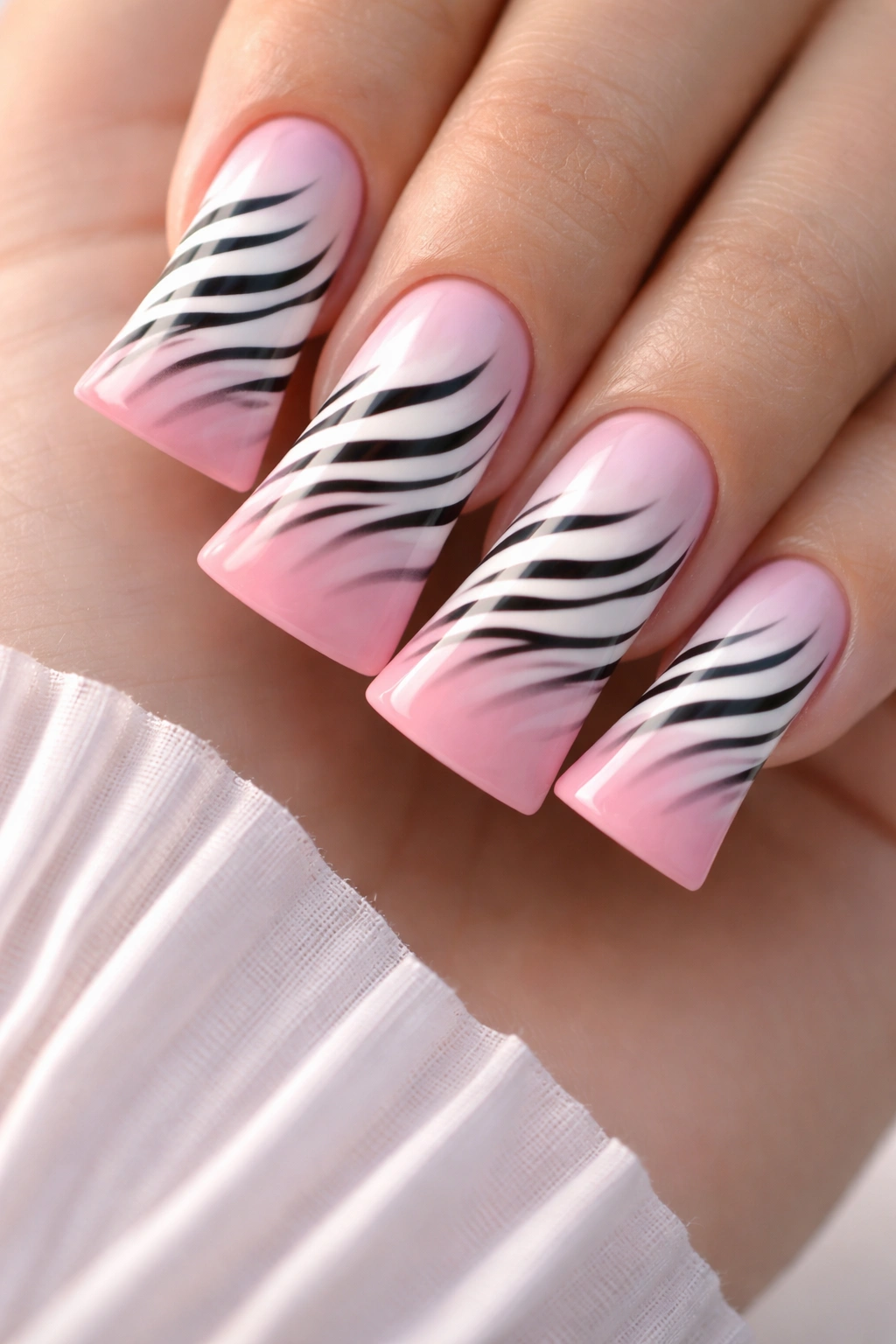 Pink ombre zebra nails on duck shape