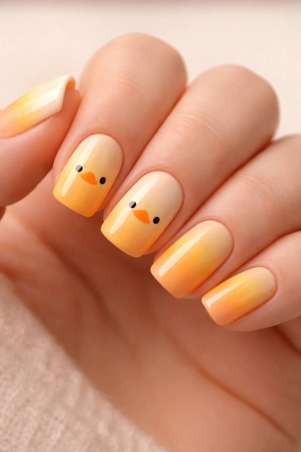 Ombre yellow-to-orange nails with pale yellow duck faces on two nails