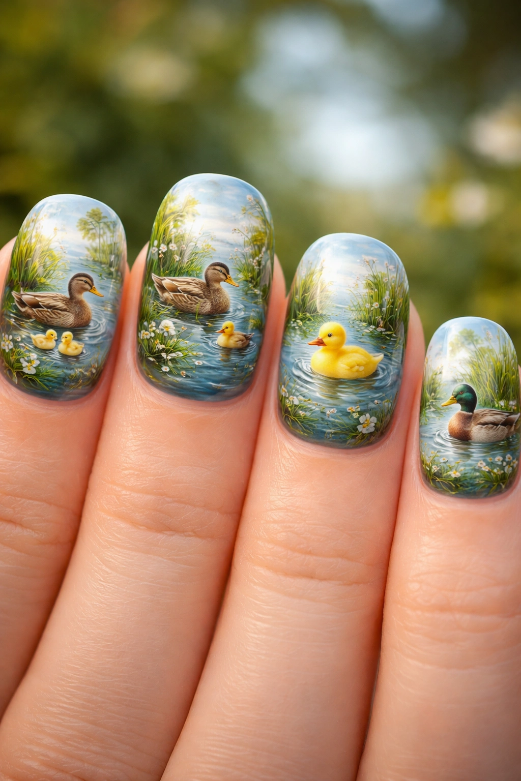 Nails painted with a duck pond landscape including water, plants, and ducks