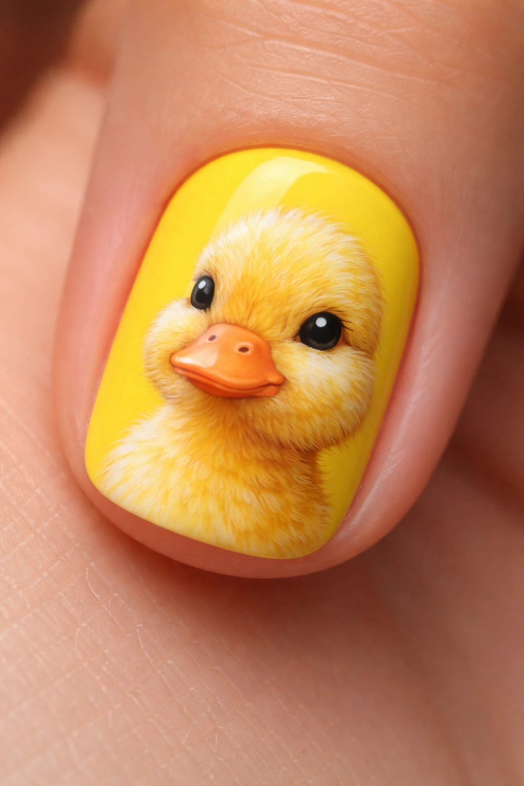 Hand-painted duck portrait on a short yellow nail with shading and highlights.