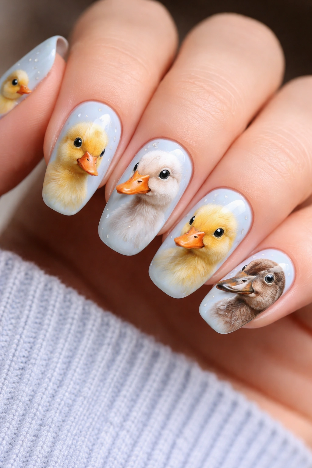 Close-up of nails with detailed hand-painted duck portraits on a baby blue base.