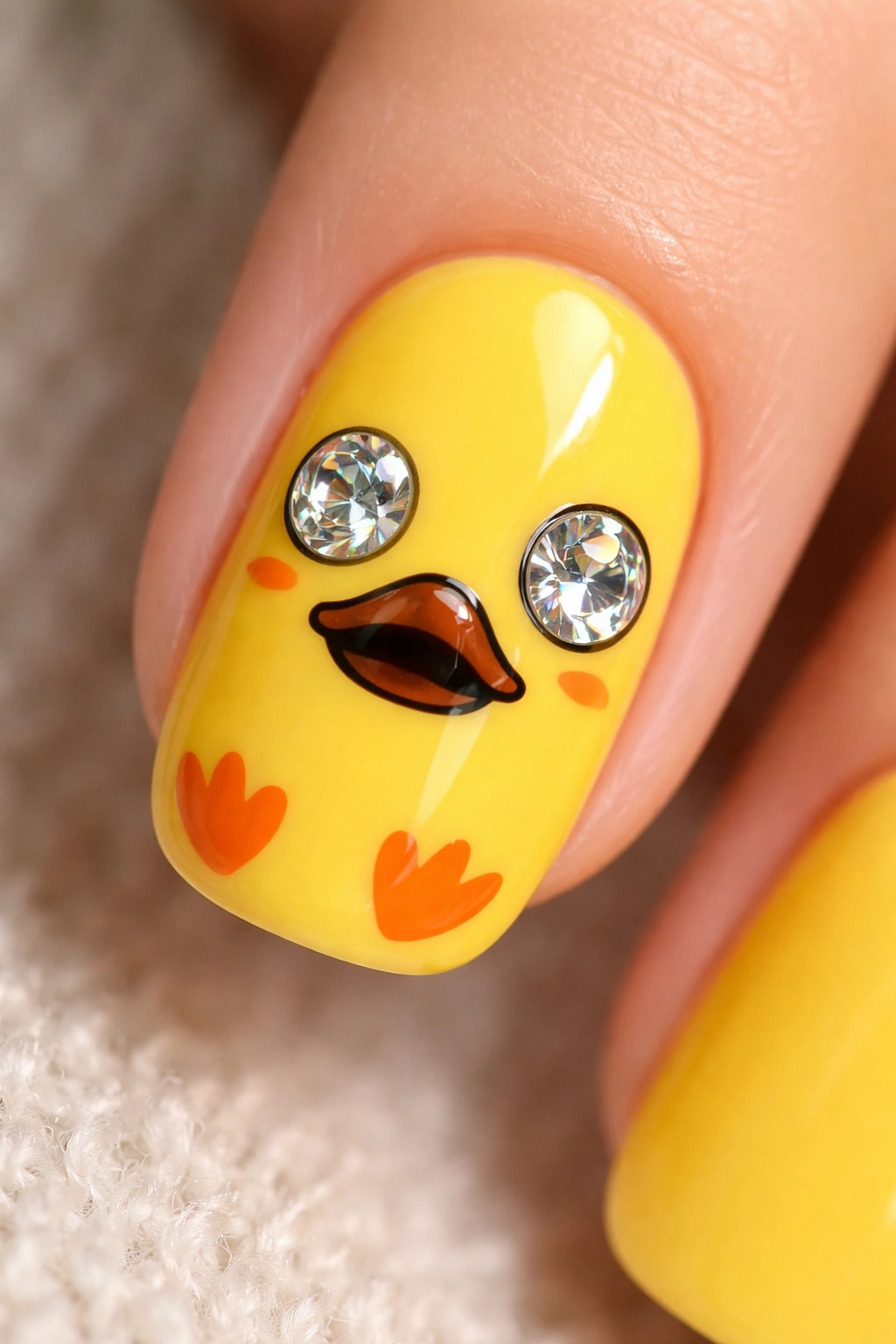 Yellow nail with rhinestone eyes on a duck face design.
