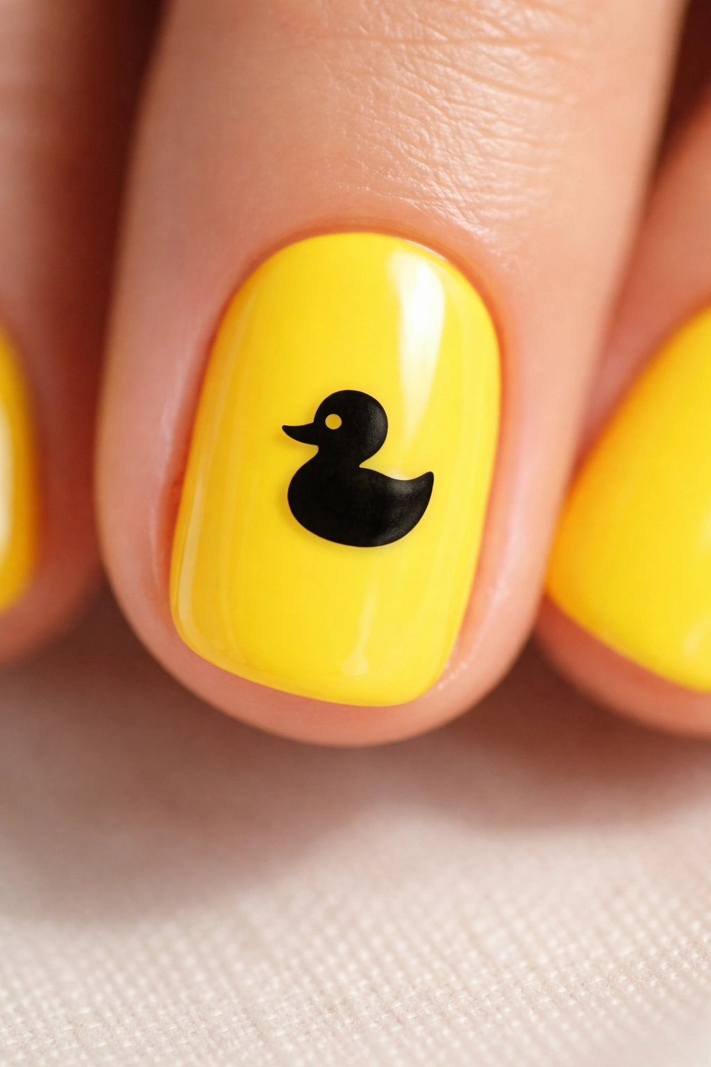 Bright yellow nail with a centered black duck silhouette.