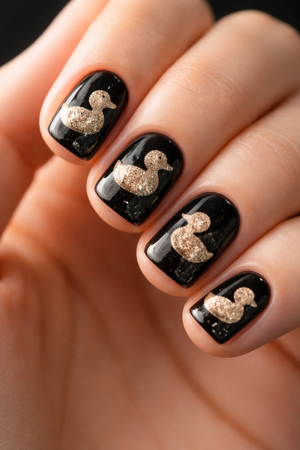 Dark nail with glitter duck silhouette