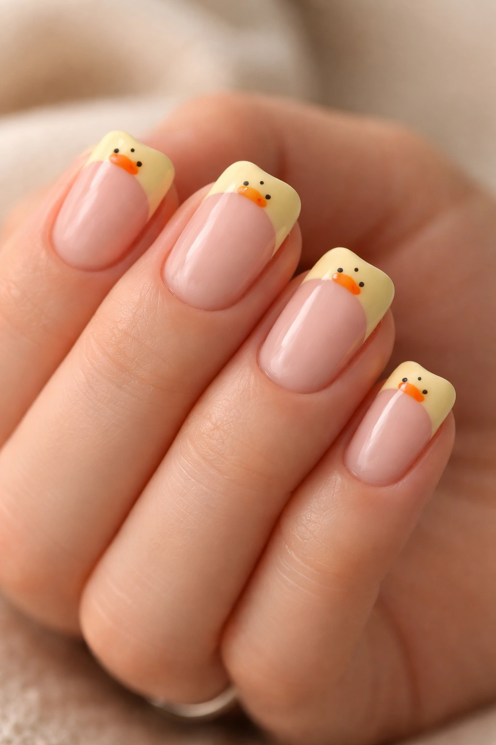 Close-up of short nails with pale yellow tips and a tiny duck silhouette at the tip line