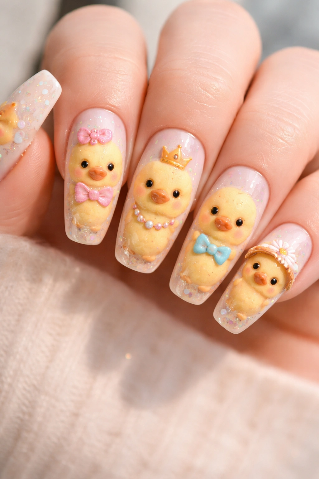Yellow duckling with accessories on long nails