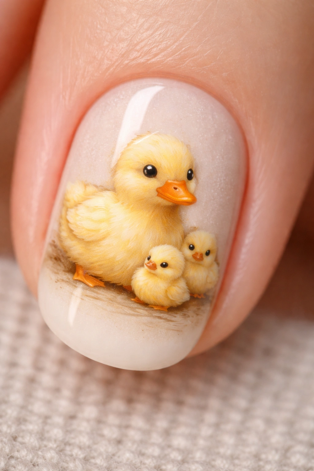 Nail art of mother duck with two ducklings on a short nail in yellow tones