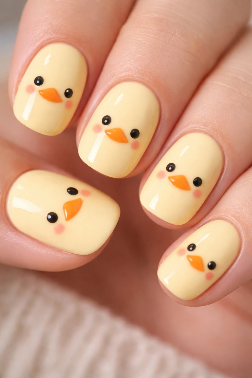 Close-up of pale yellow nails with cute duckling faces