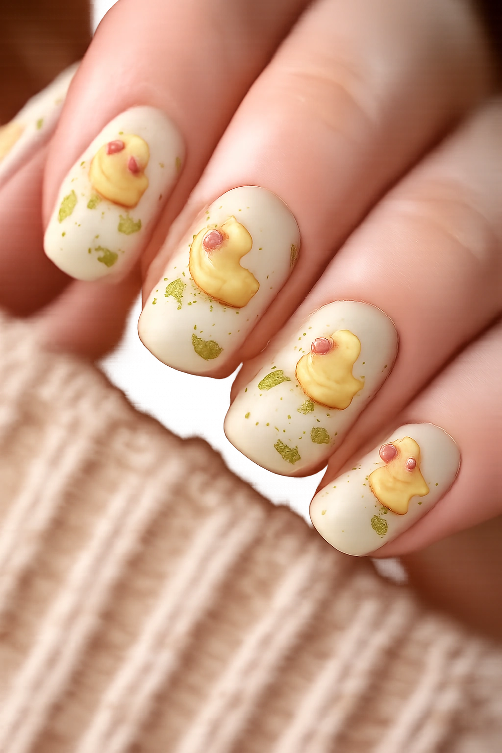 Nails with scattered duckling pattern and light sky/ground details