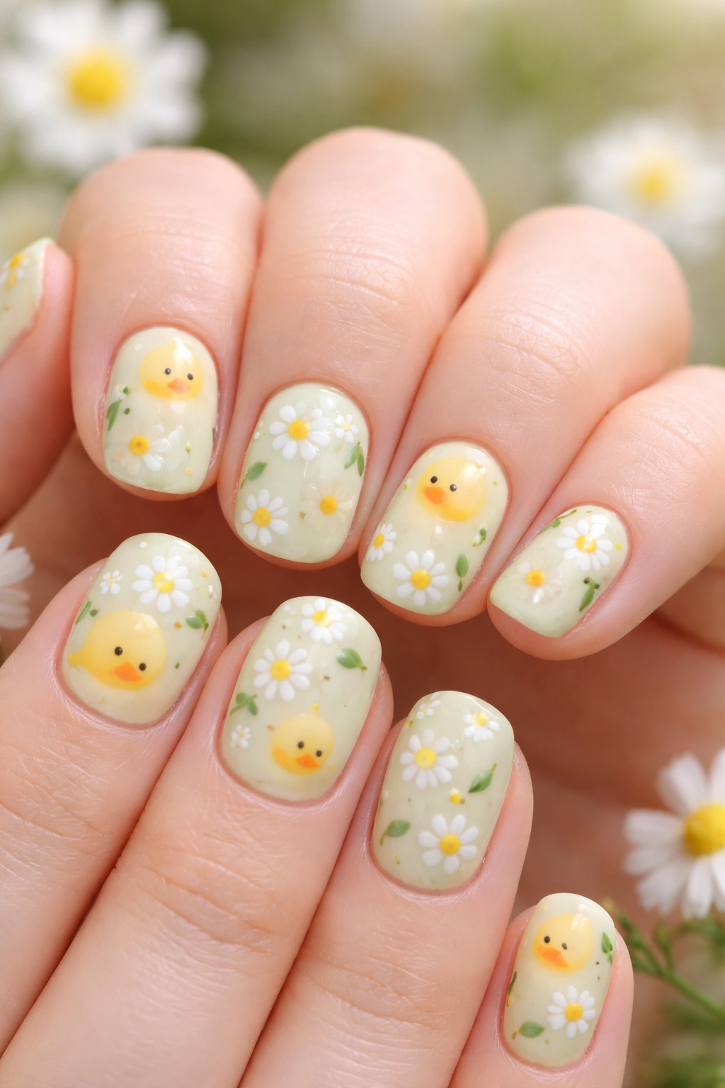 Nails with ducks and daisies pattern on pale base
