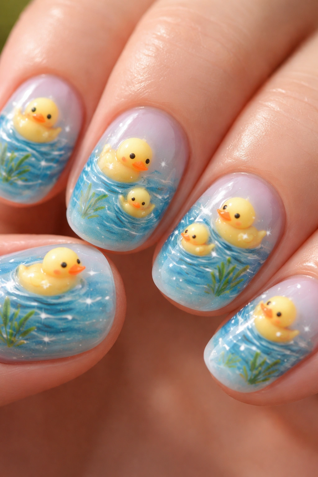 Close-up of multiple tiny yellow ducks painted on nail tips against a blue water backdrop