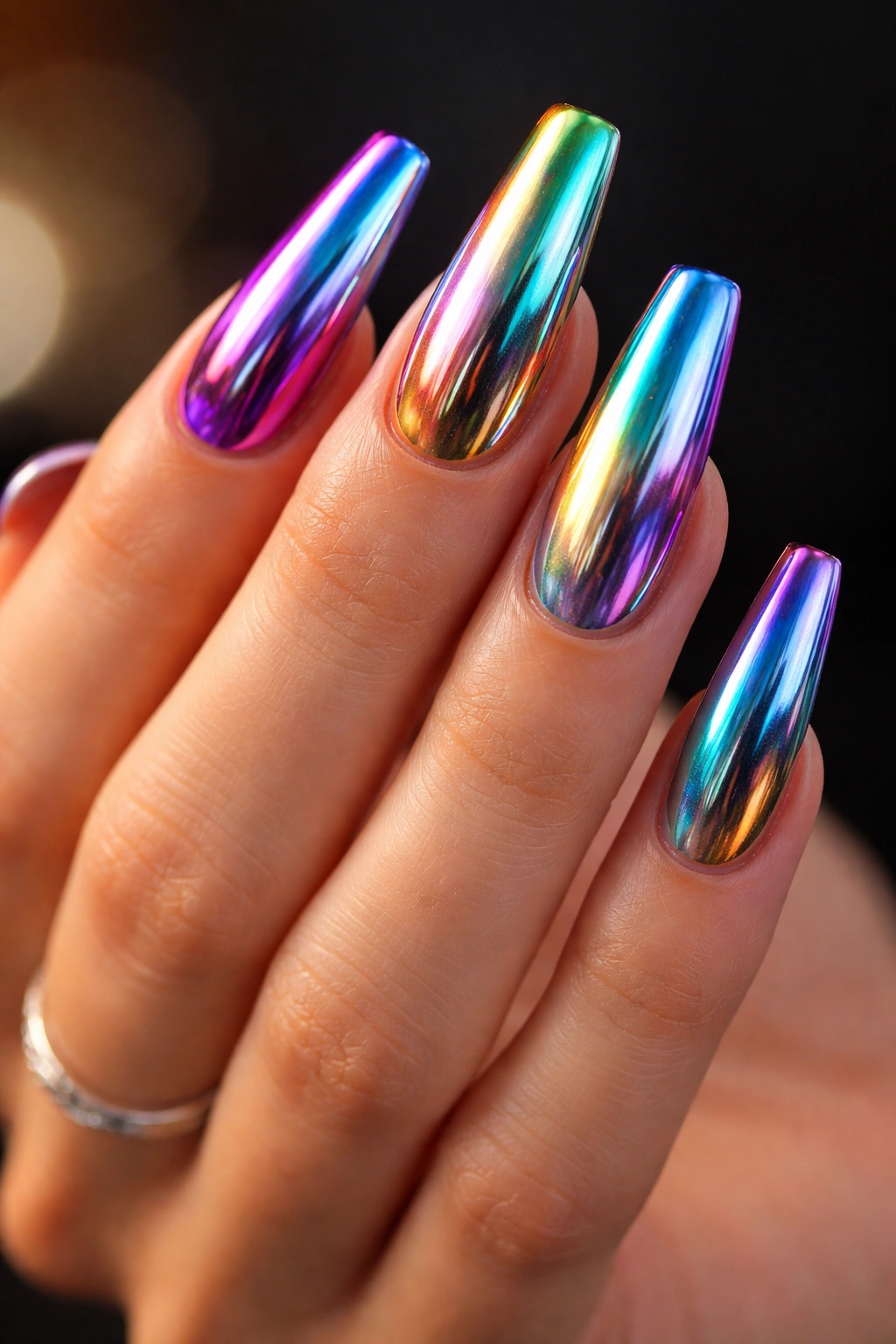 Duochrome chrome nails shifting color with angle