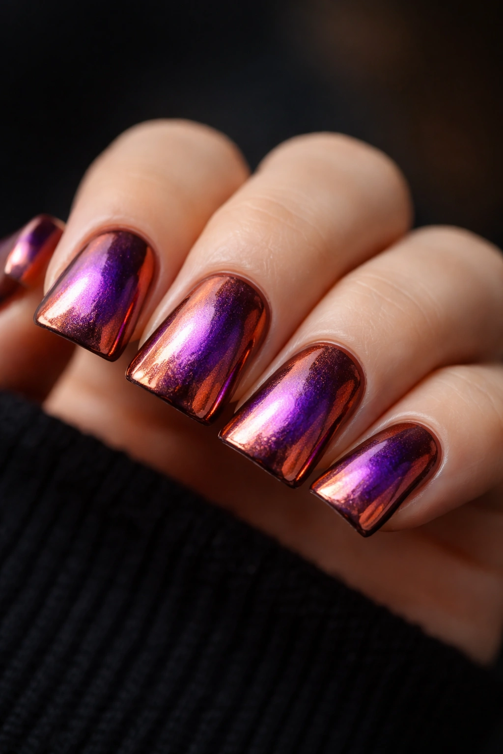 Short duck nails with duochrome polish shifting colors depending on angle