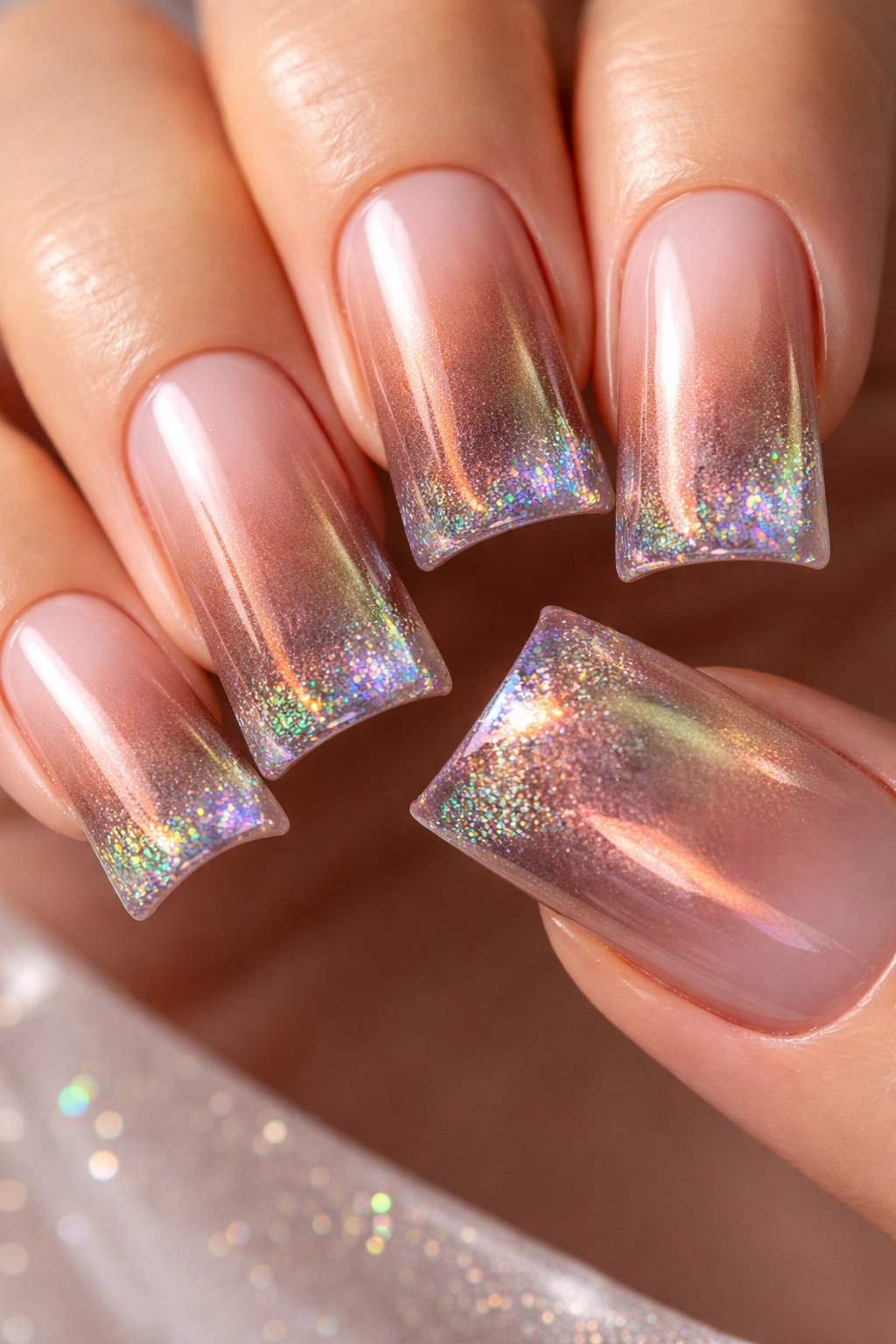 Duck nail duochrome gradient with holographic tip accents