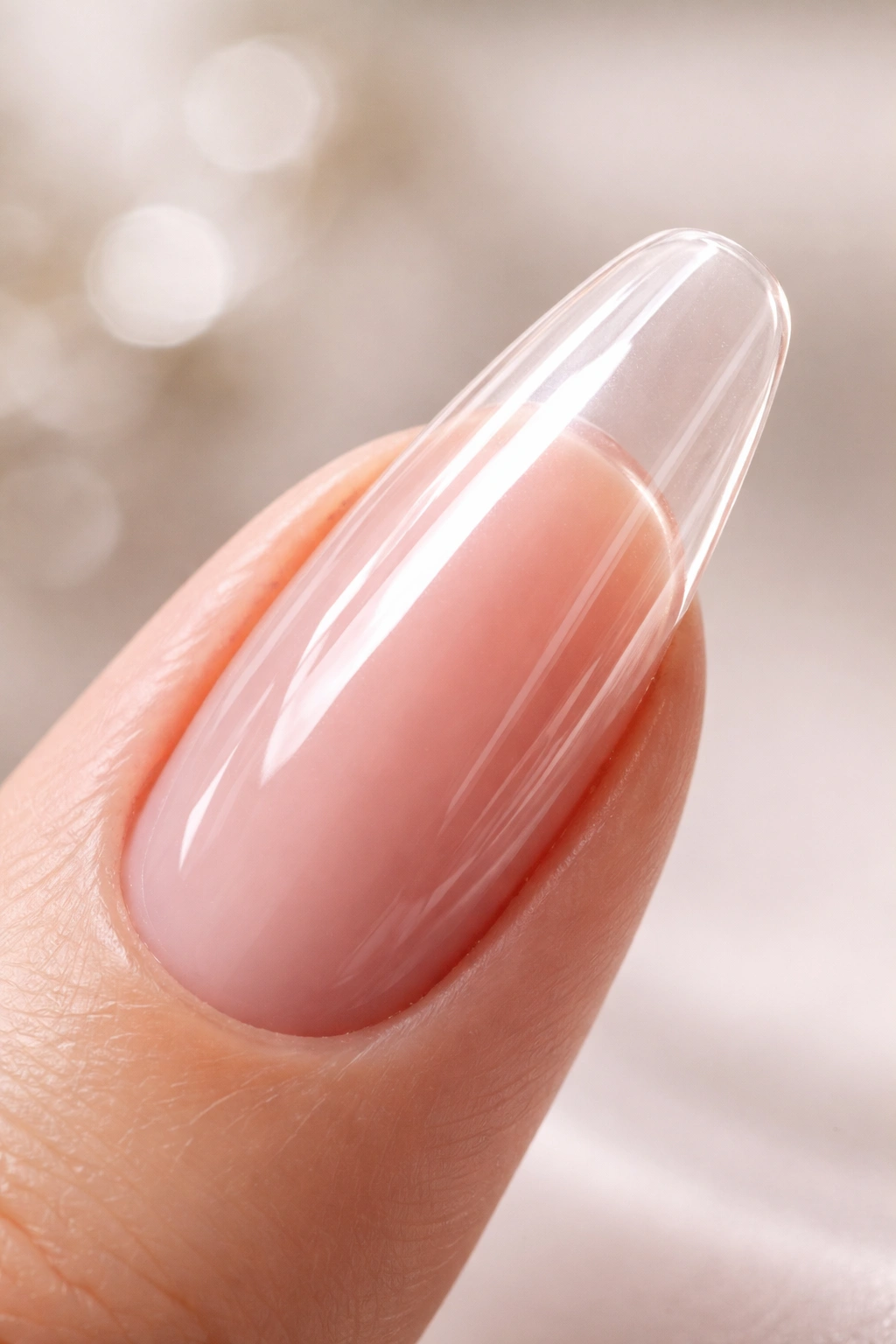 Long hard gel nail with strong apex and glossy finish