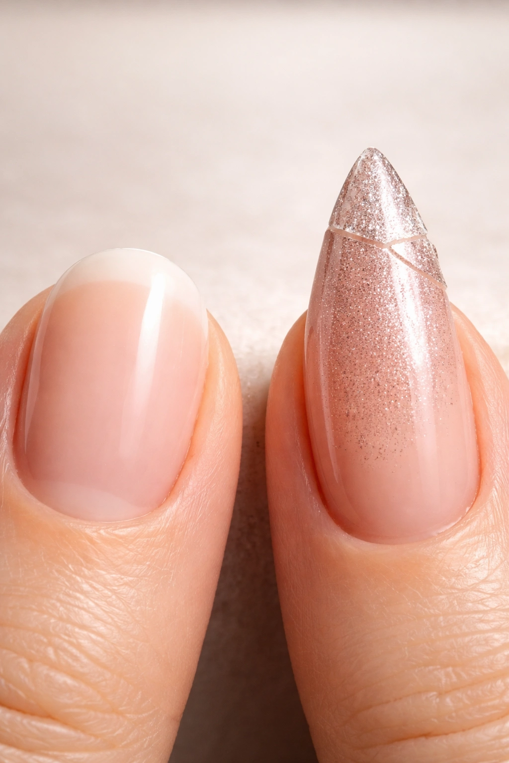 Macro view of round nail intact and stiletto nail chipped to show durability difference