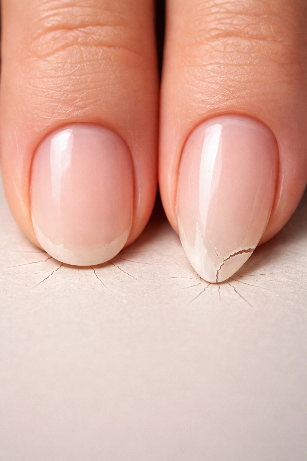 Close-up comparing round and almond nails pressed against surface to imply durability