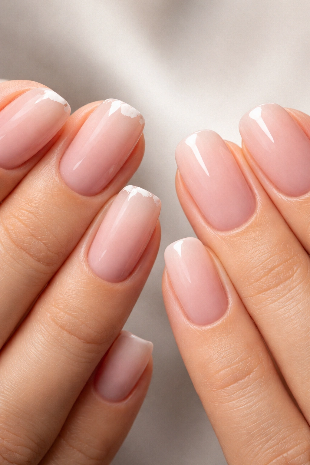 Close-up of hands showing soft-square nails with chips beside squoval nails for durability comparison