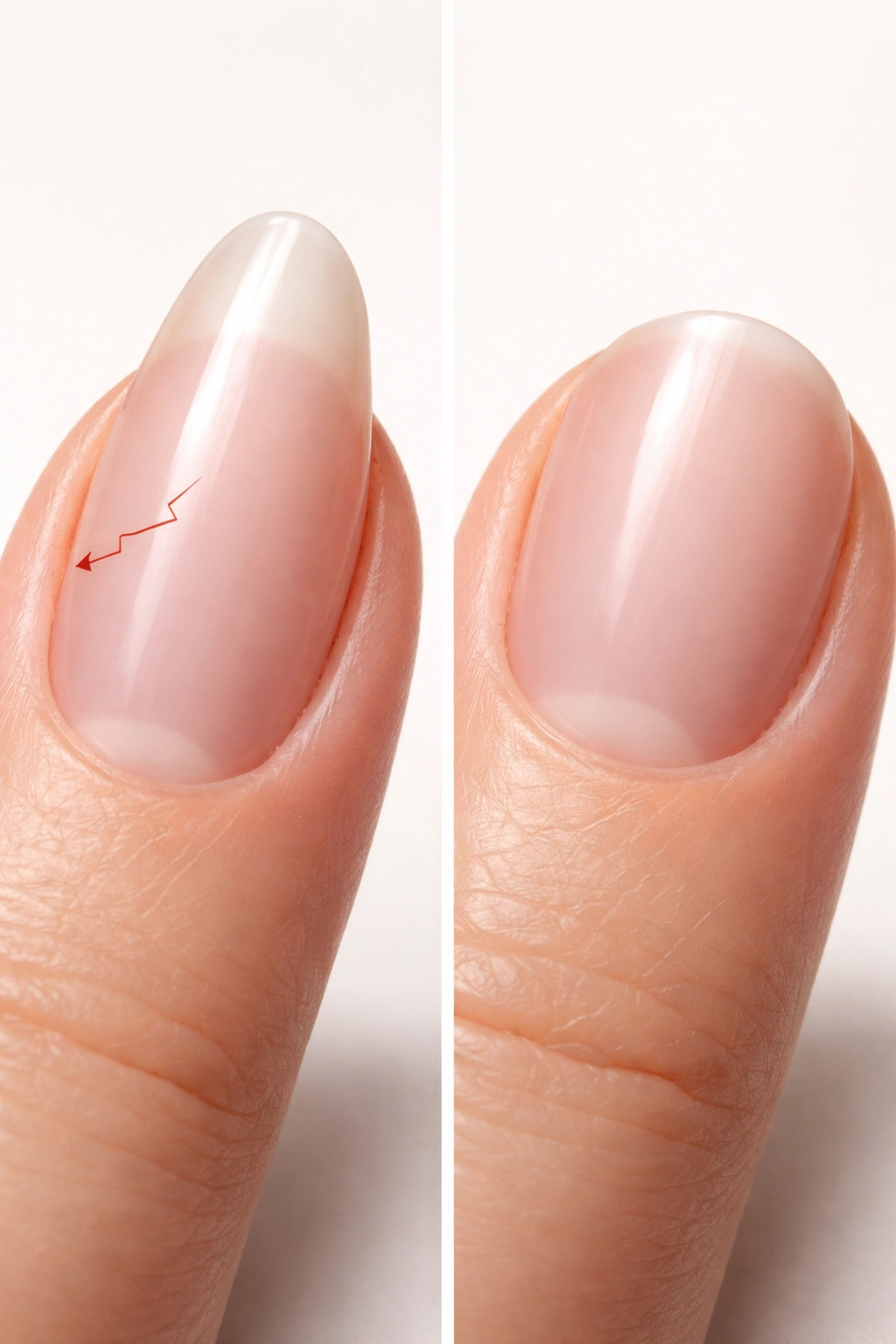 Close-up comparing oval and round nails, highlighting edge shapes