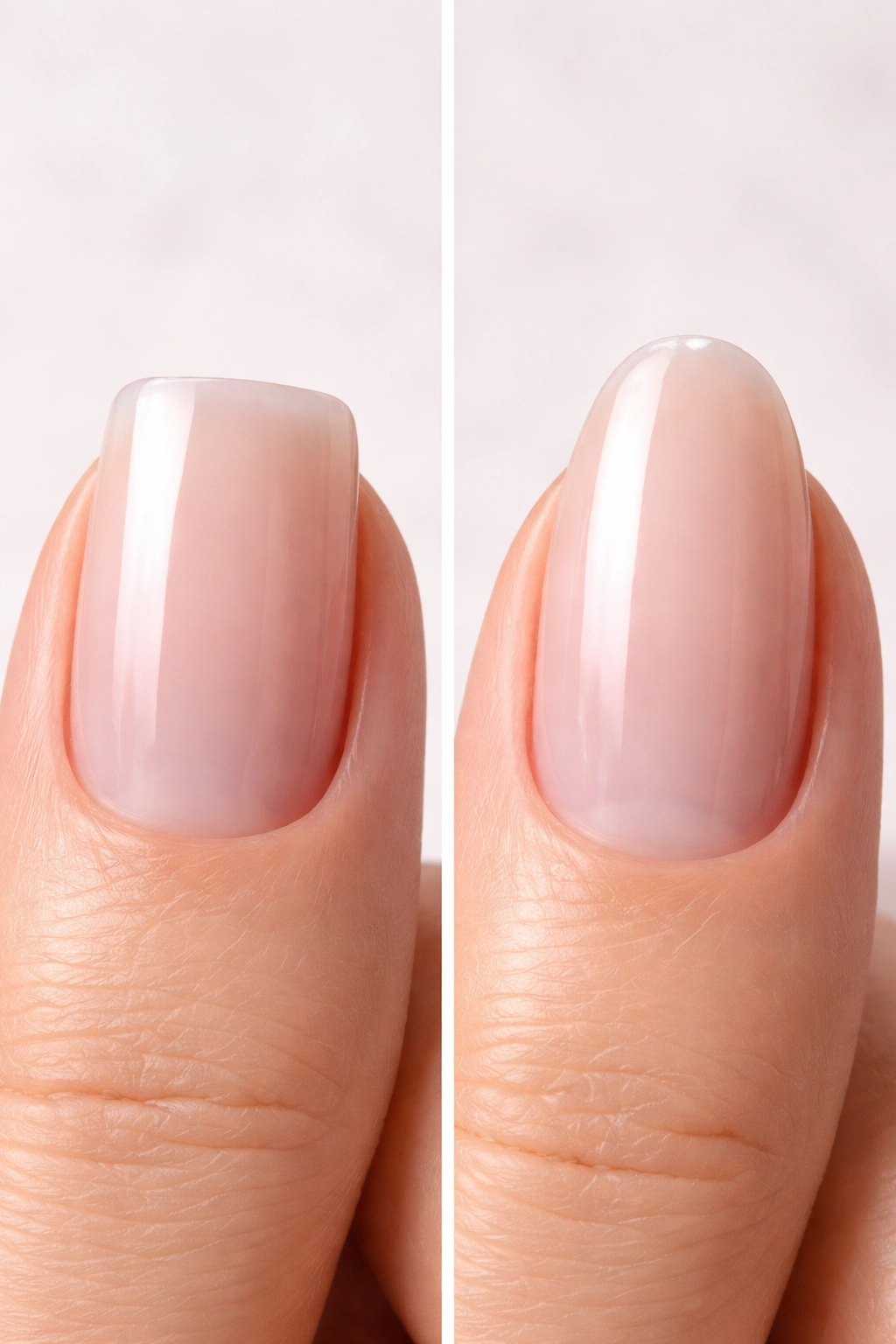 Side-by-side nails showing squoval vs oval to illustrate durability differences