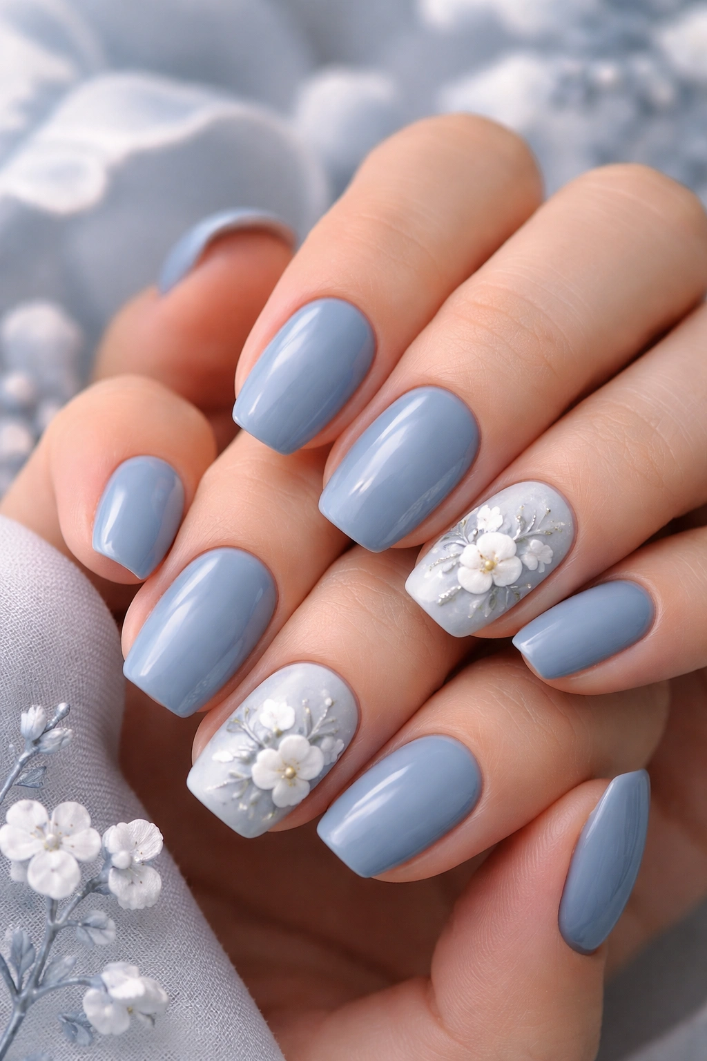 Close-up of dusty blue nails with a floral accent nail