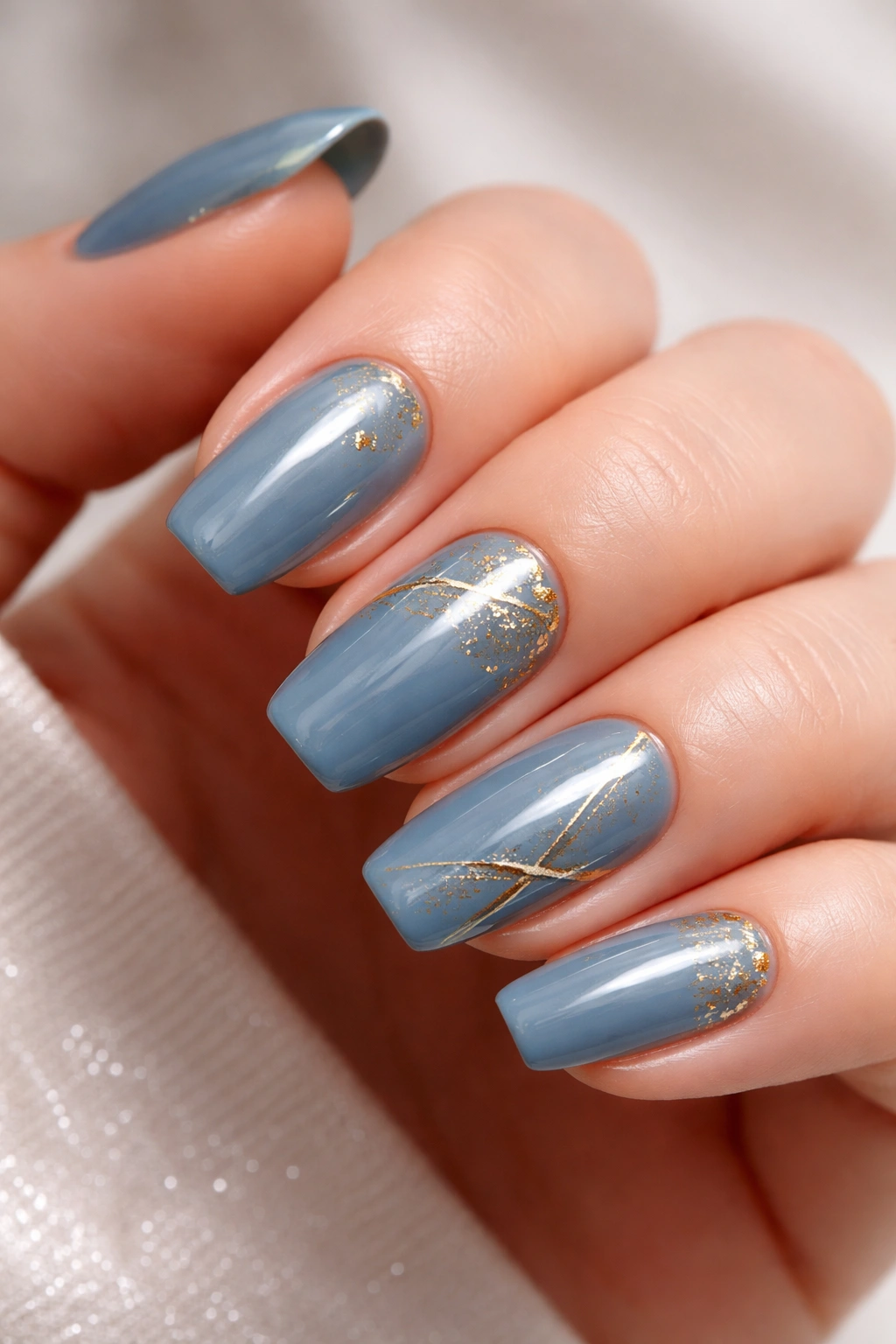 Close-up of dusty blue nails with gold accents and foil details