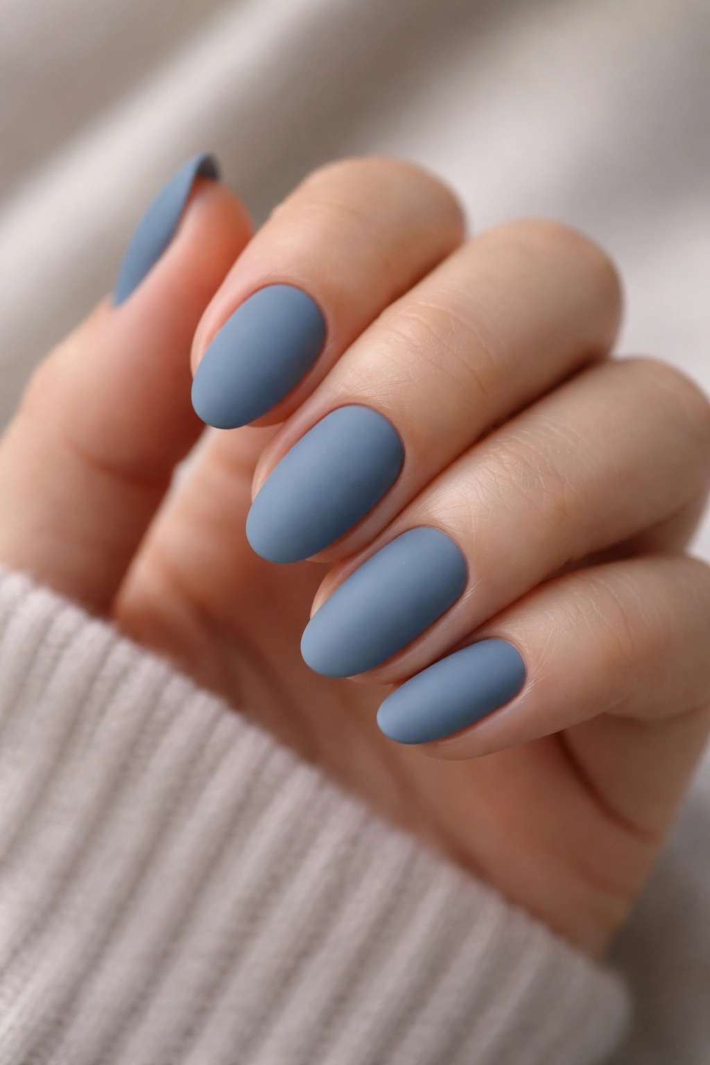 Close-up of dusty blue matte short almond nails on a hand
