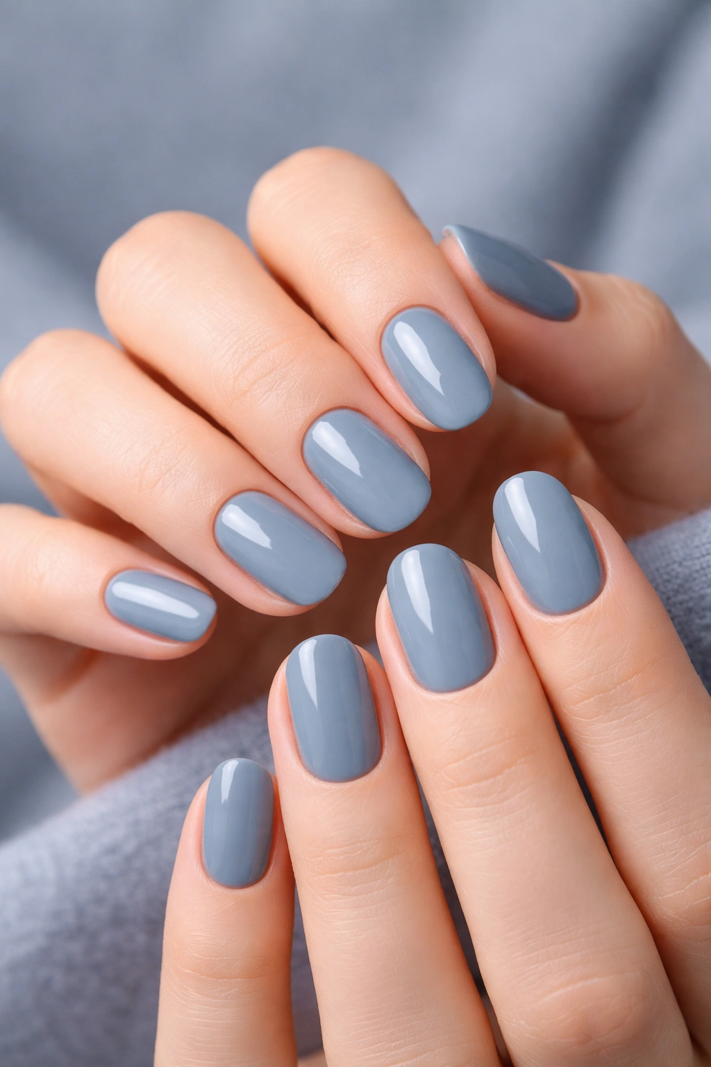 Close-up of hands with classic solid dusty blue nails, even coverage and glossy finish