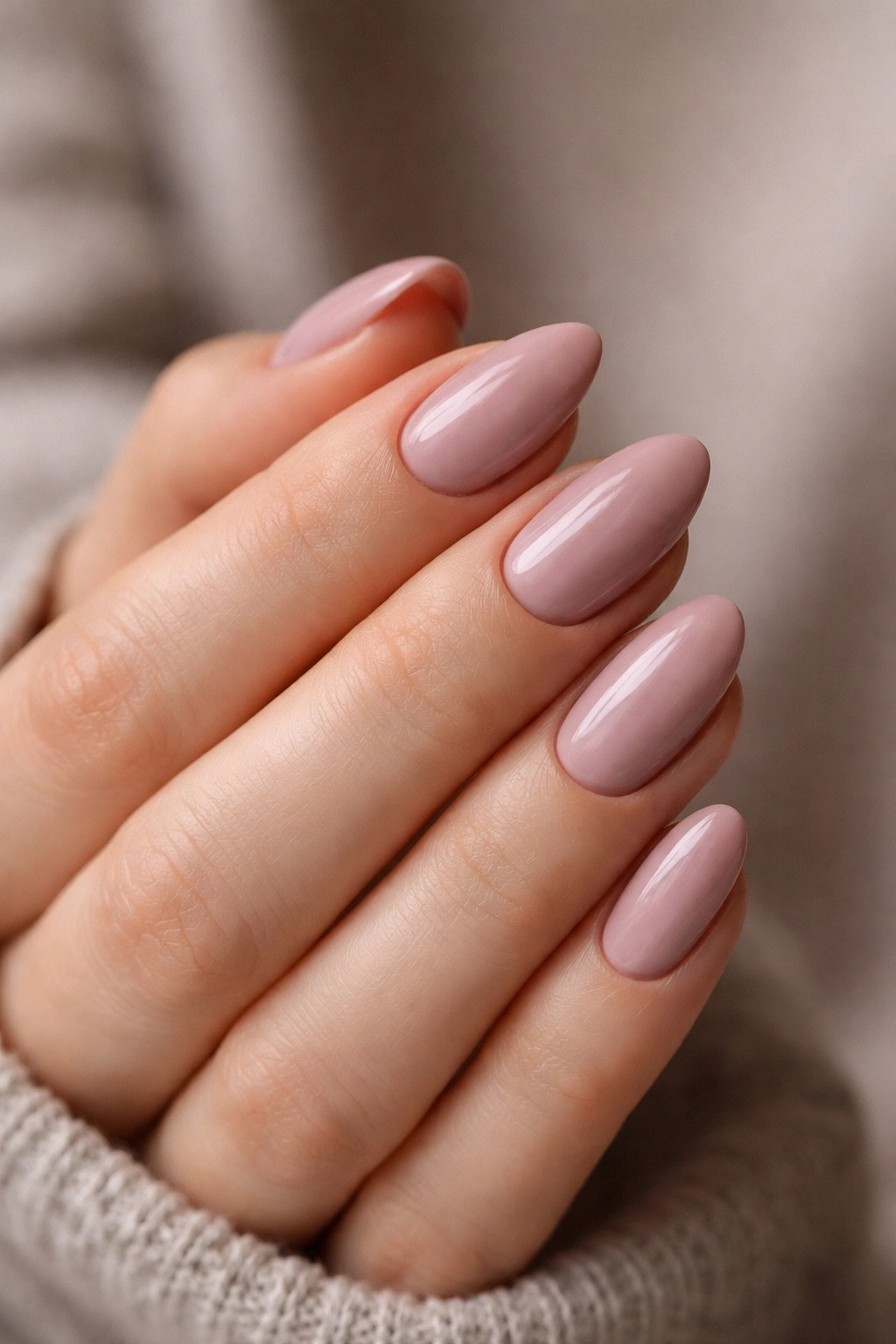 Dusty blush almond nails on a hand