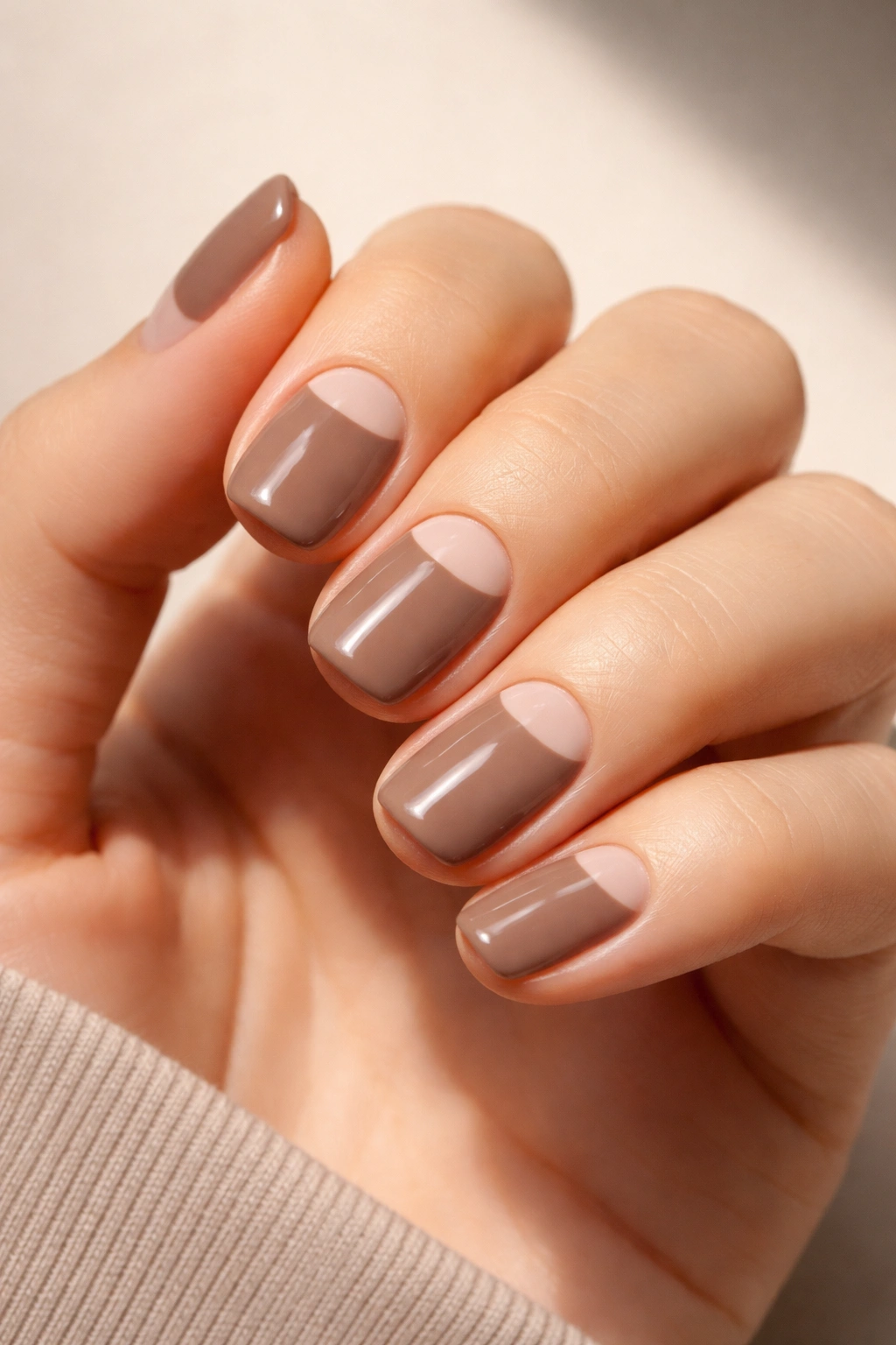 Close-up of dusty brown nails with negative-space half-moon design