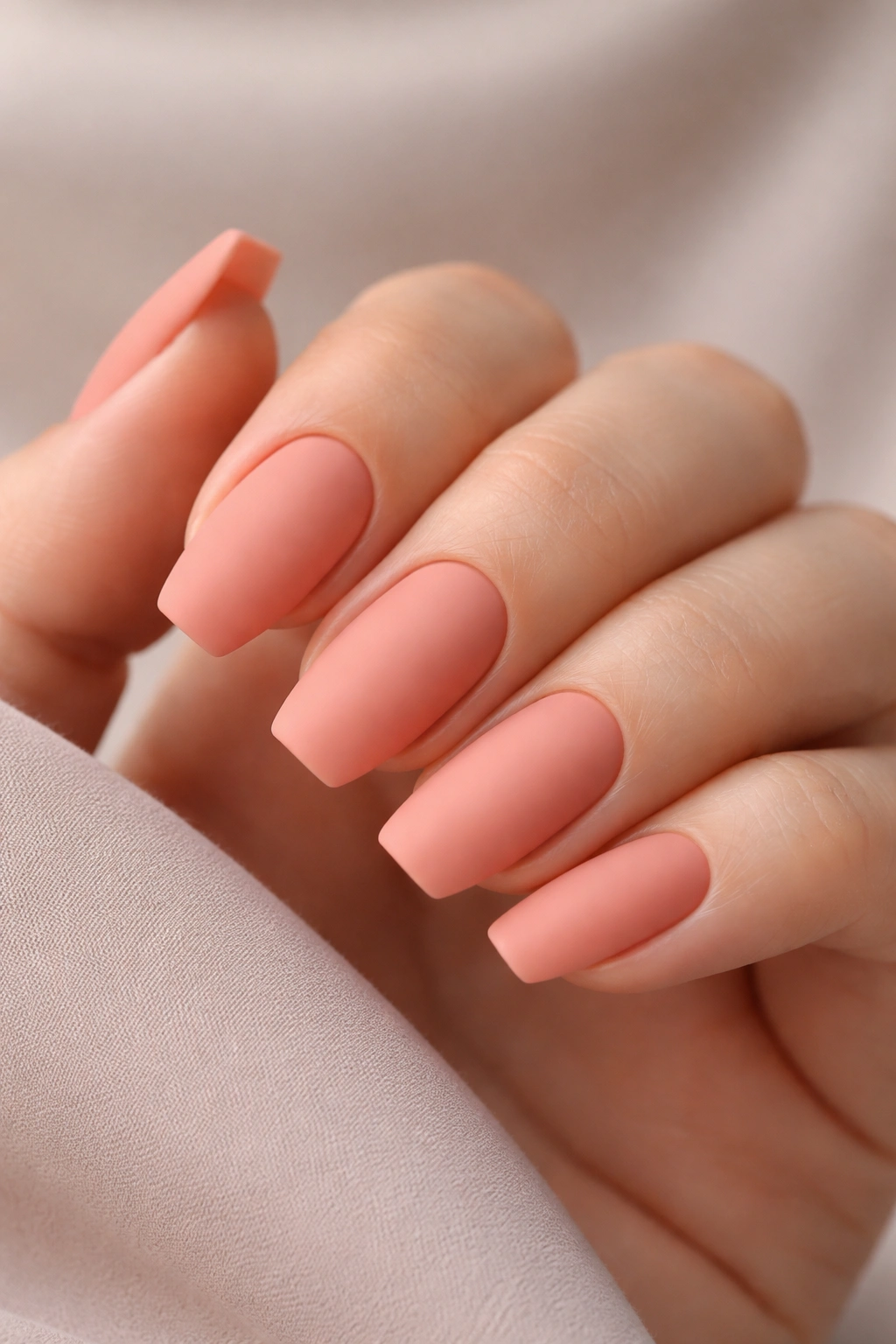 Close-up of dusty coral matte nails on a hand with a velvety finish