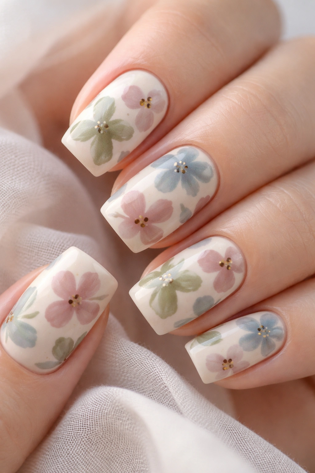 Nails with dusty floral abstract patterns on cream base.