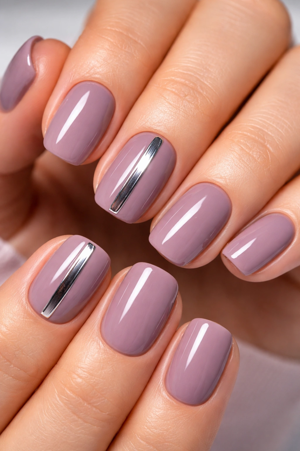 Close-up of dusty mauve nails with a chrome metallic strip