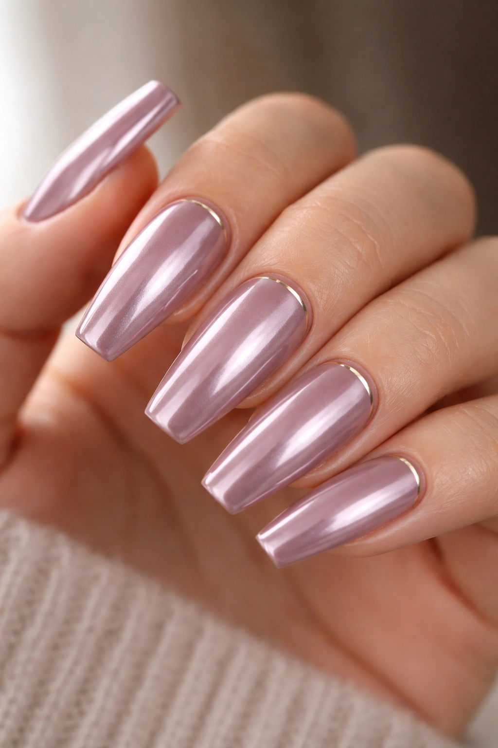 Dusty mauve chrome nails on medium-length ballerina nails with subtle line