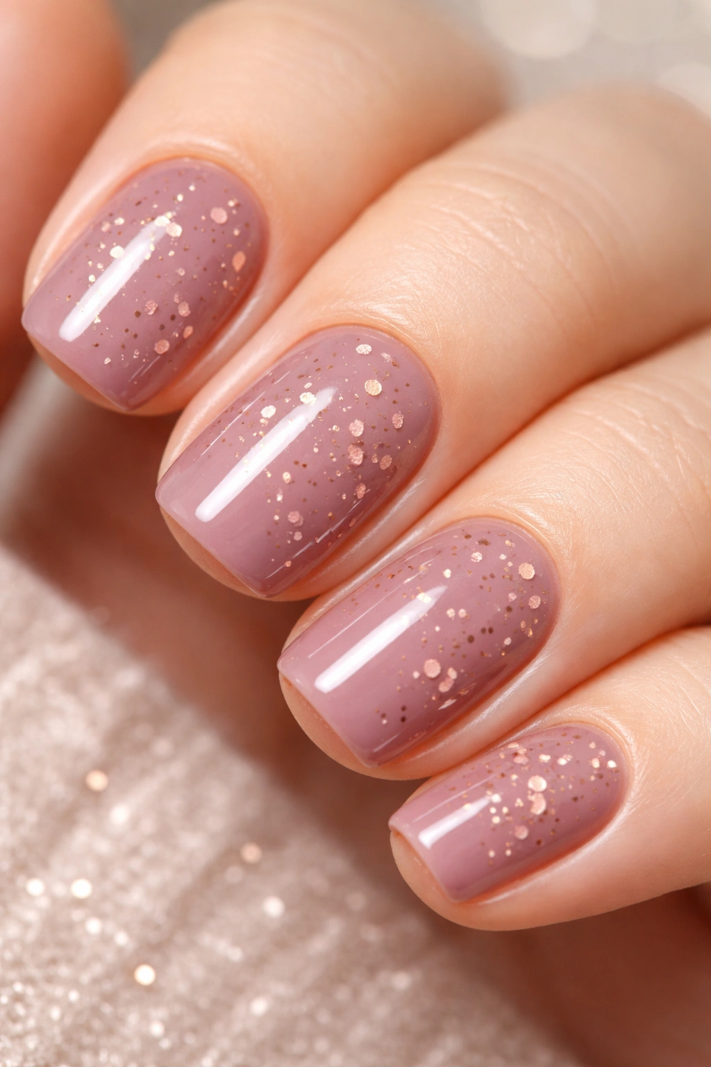 Dusty mauve nails with rose gold confetti accents on glossy topcoat