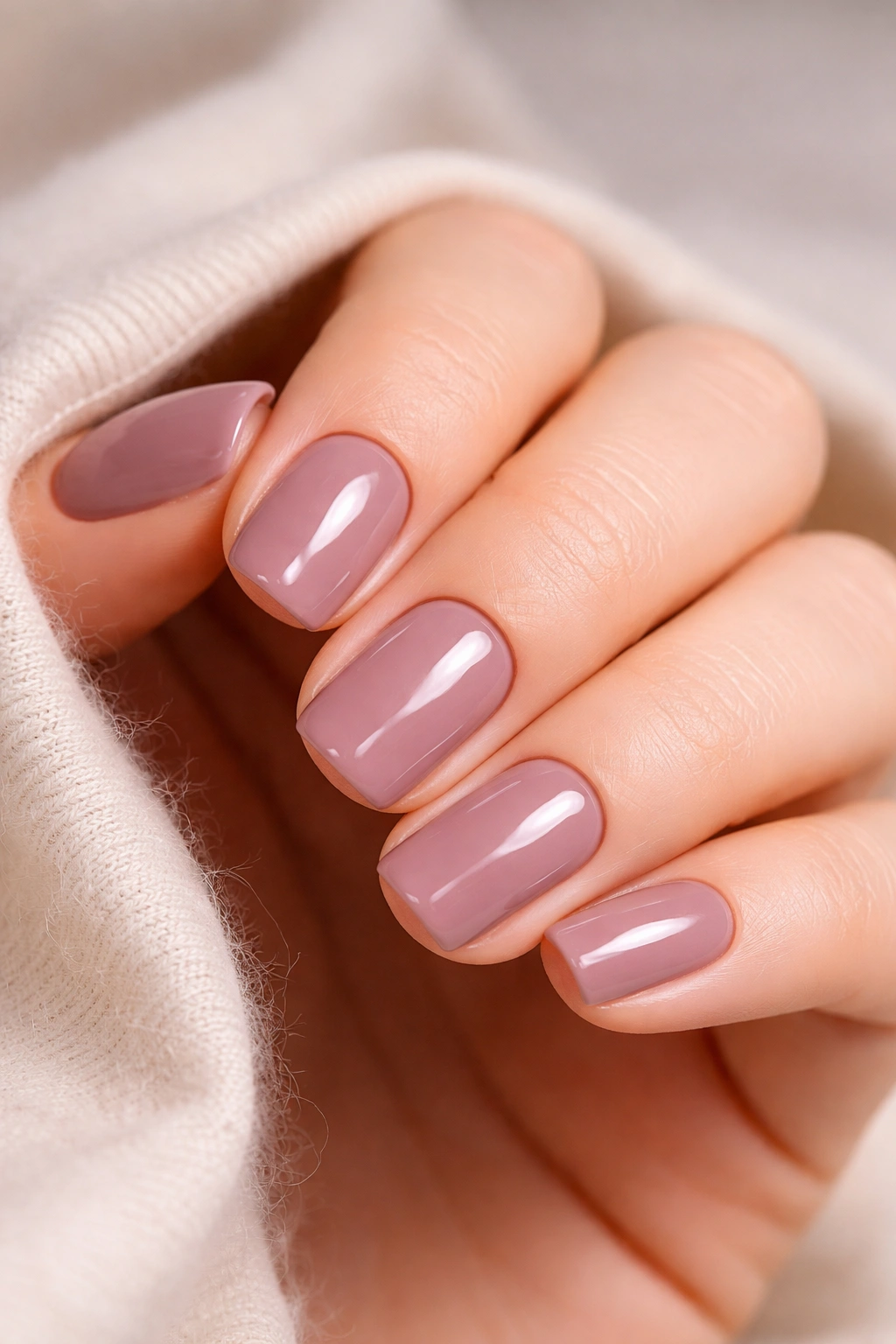 Close-up of short squoval nails in dusty mauve with glossy finish