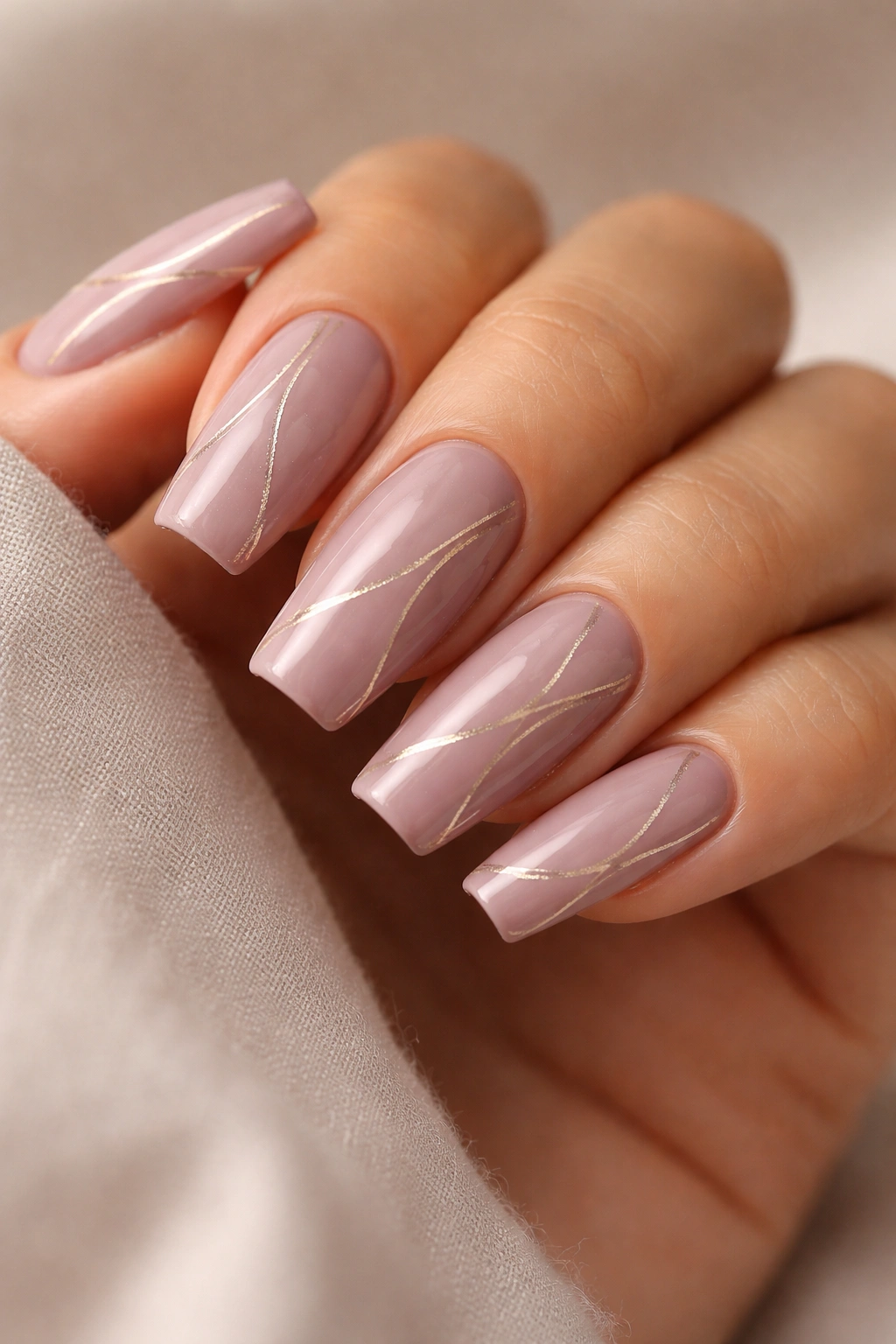 Nails in dusty mauve with fine gold line work