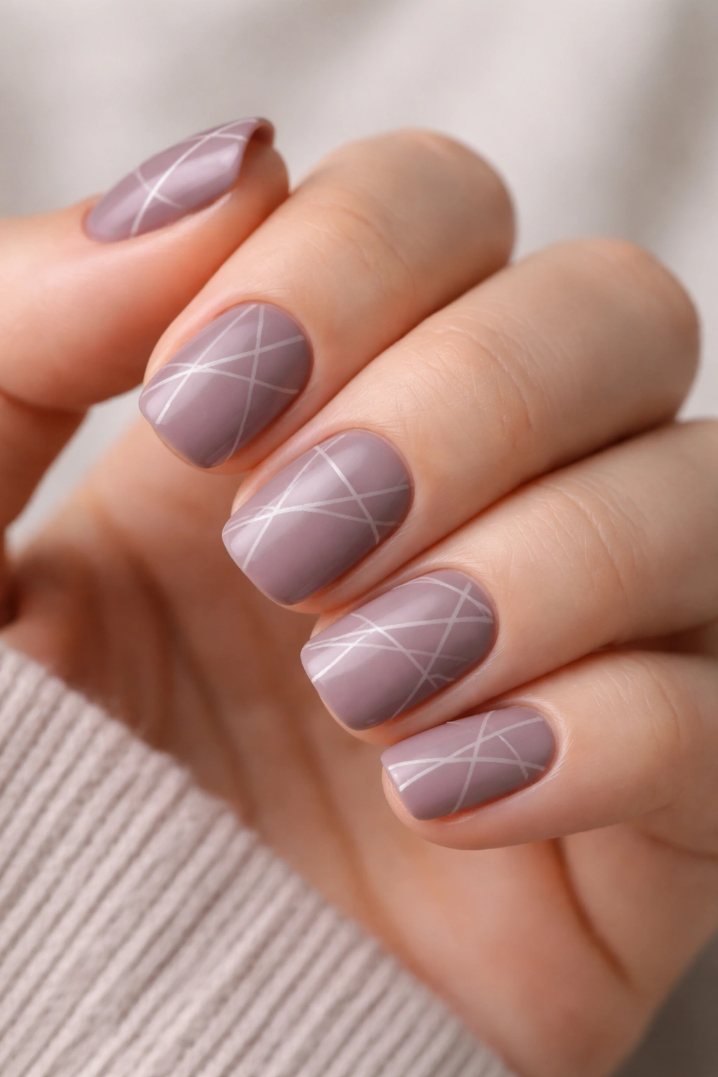 Close-up of short squoval nails with dusty mauve base and hand-drawn geometric lines