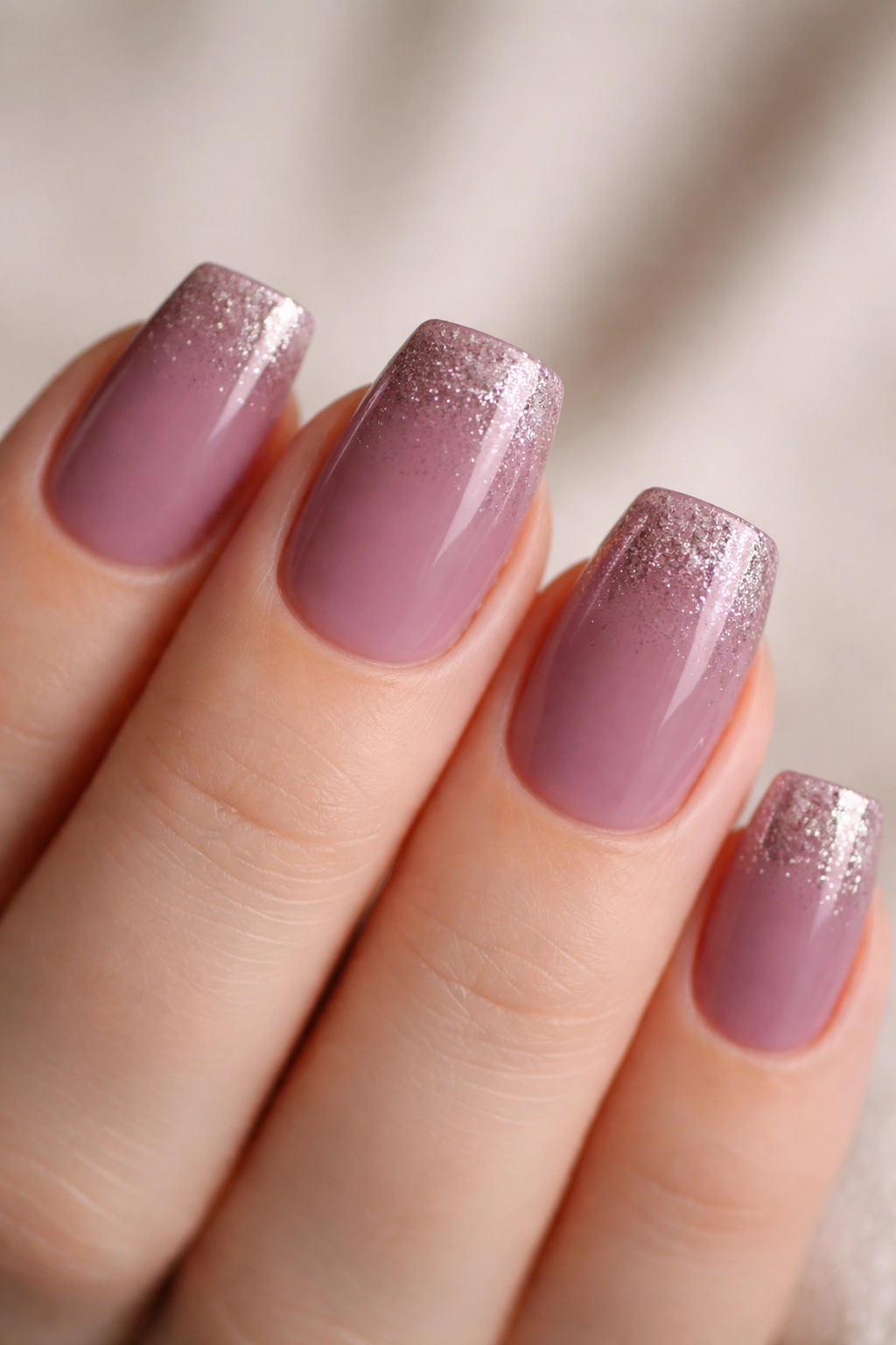 Close-up of short duck nails in dusty mauve with subtle glitter fade at tips.