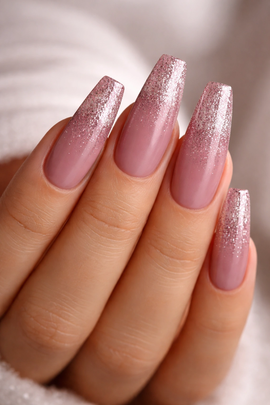 Close-up of dusty mauve pink coffin nails with glitter gradient on a bare hand