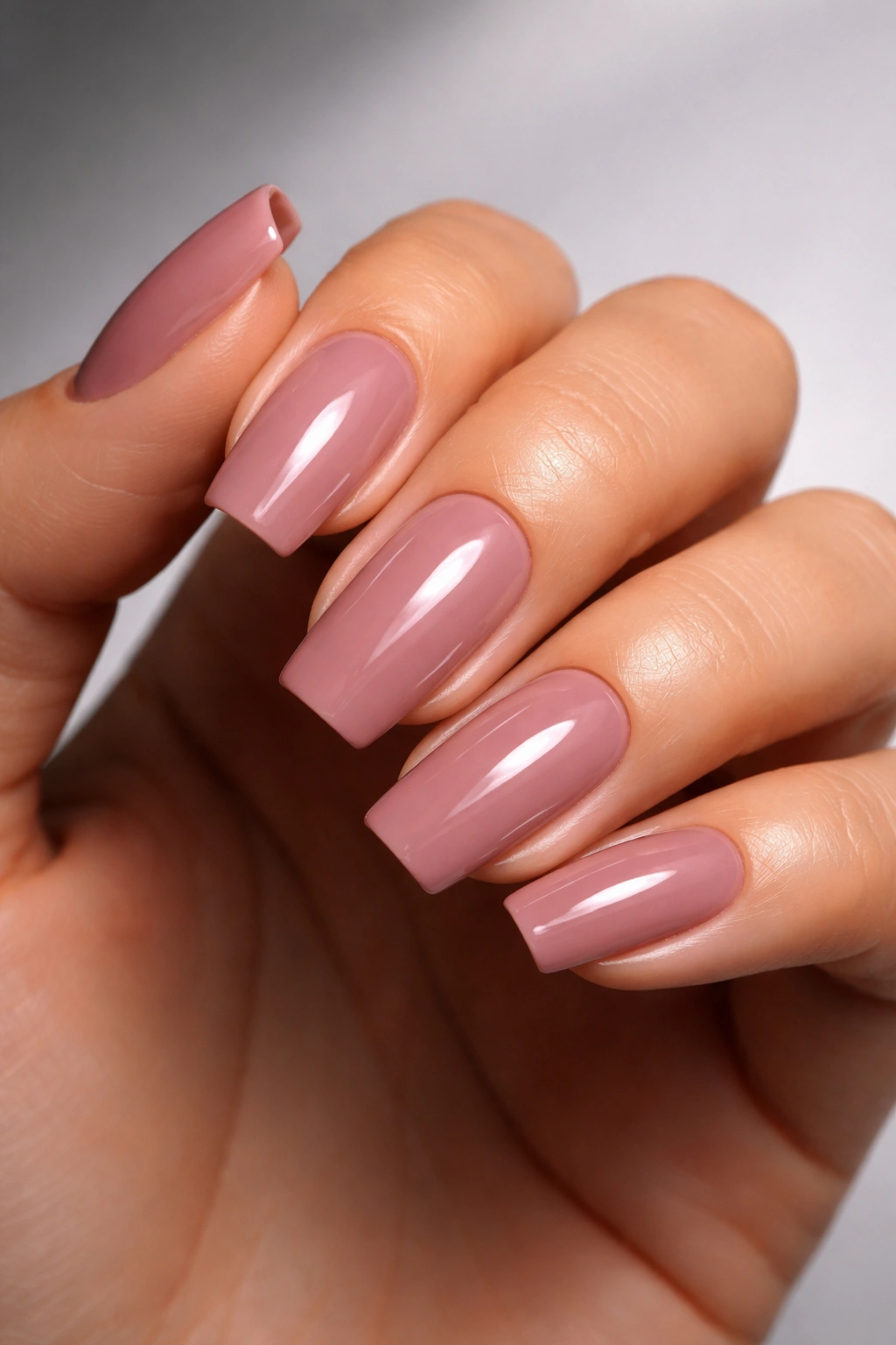Close-up of dusty mauve soft square nails with gloss finish