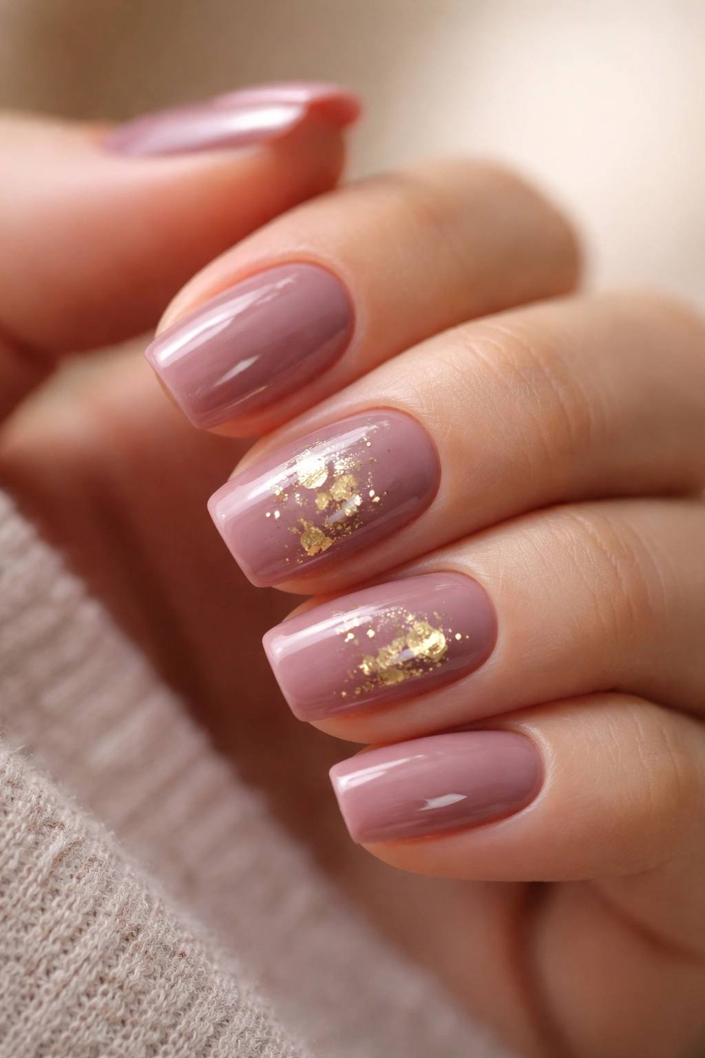 Close-up of short squoval acrylic nails in dusty mauve with goldfoil accents