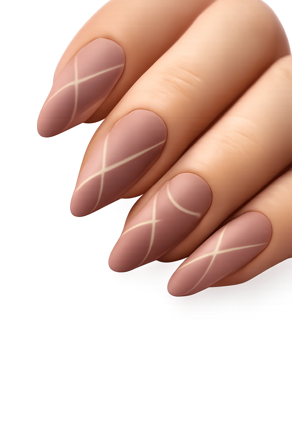 Almond nails in dusty mauve with negative-space geometric lines