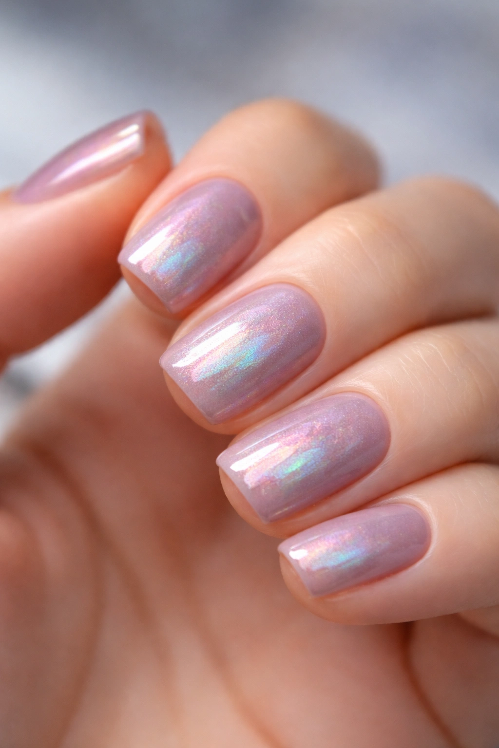 Dusty mauve nails with opal shimmer on short soft square nails