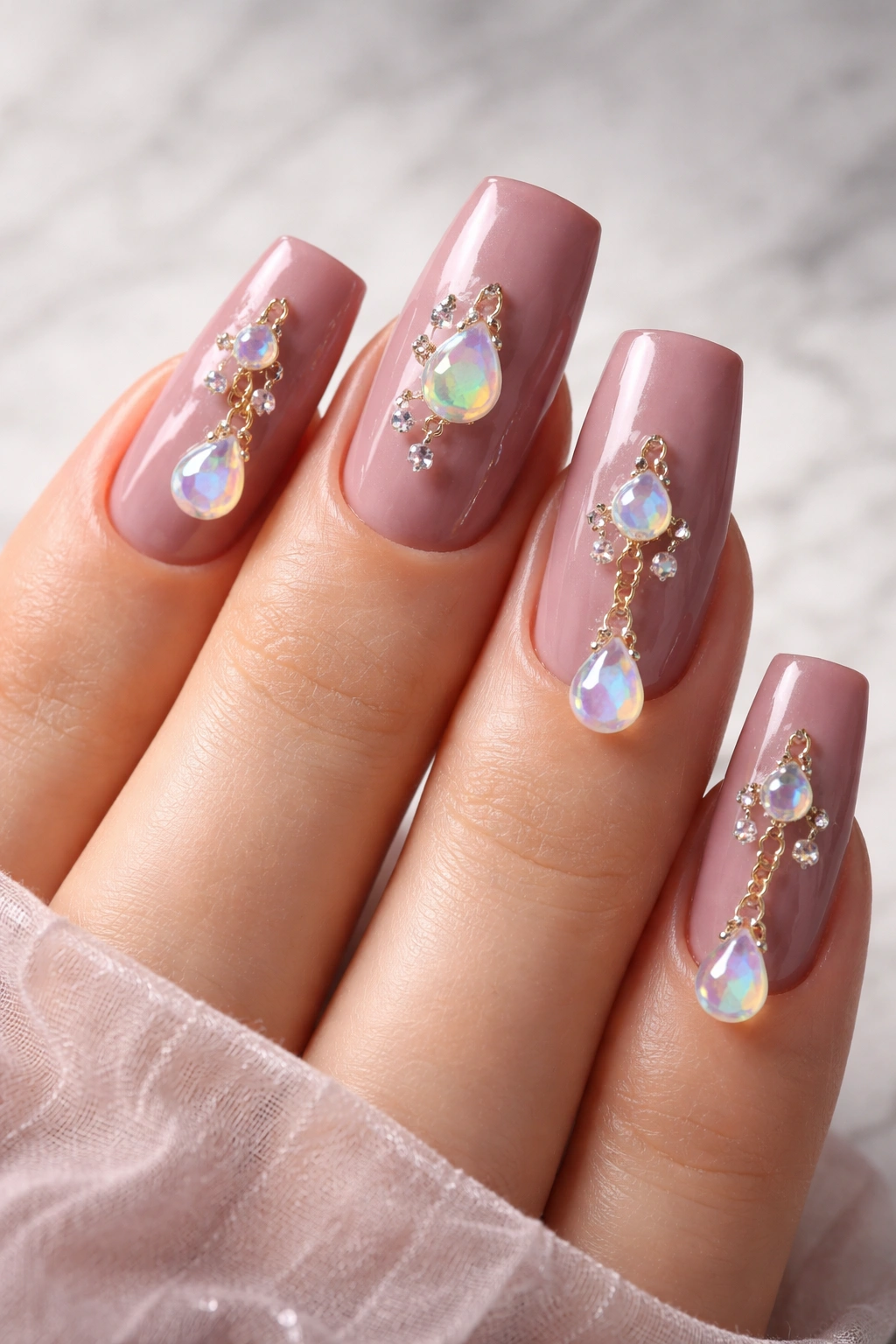 Close-up of dusty mauve duck nails with opal iridescent charms