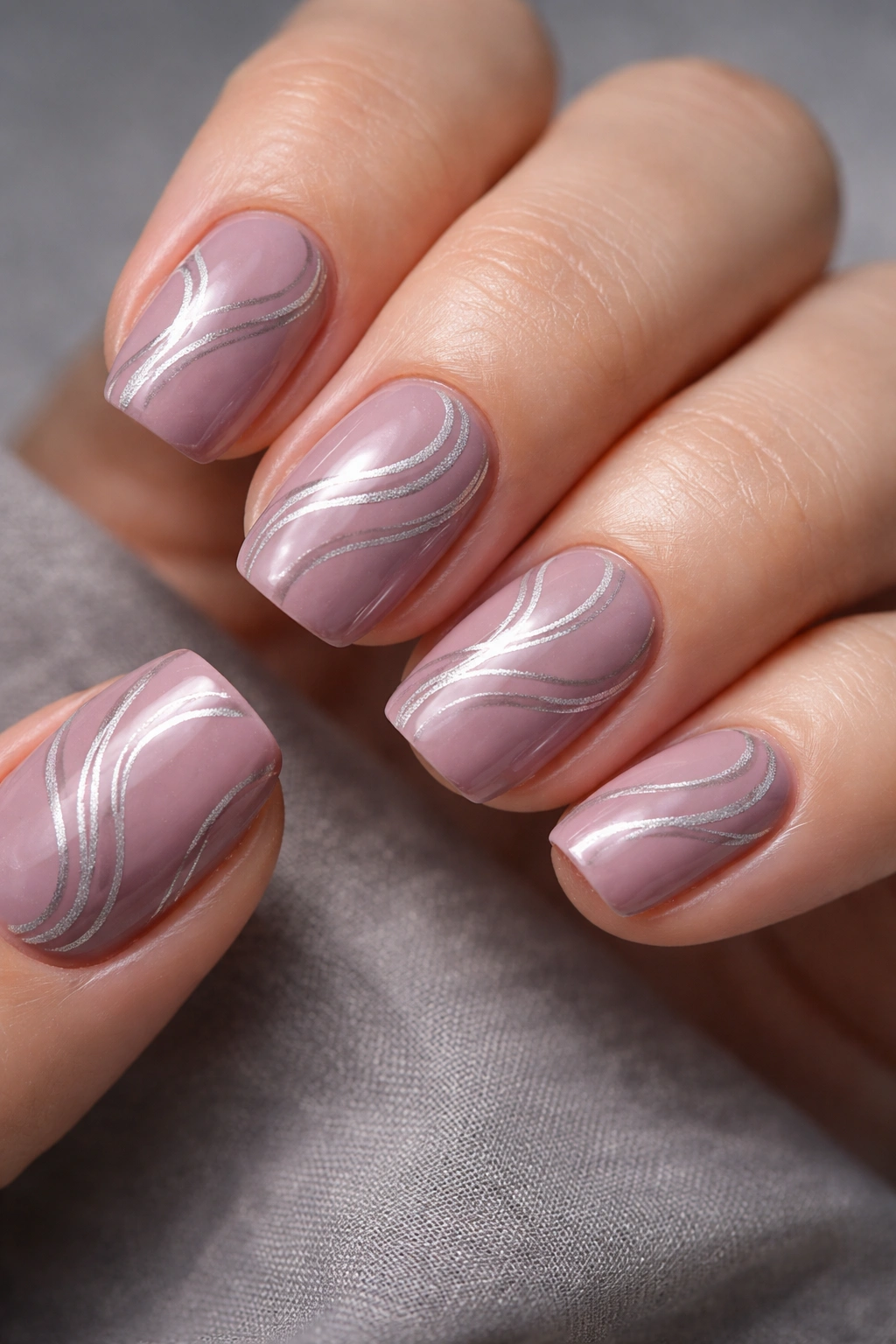 Close-up of dusty mauve nails with silver swirls