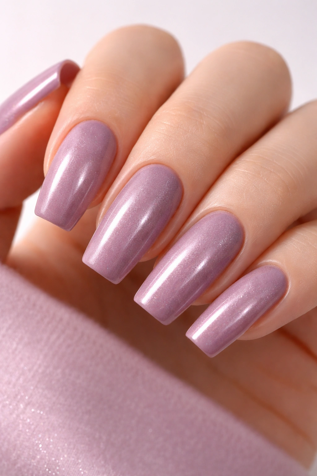 Close-up of dusty mauve nails with pearl shimmer