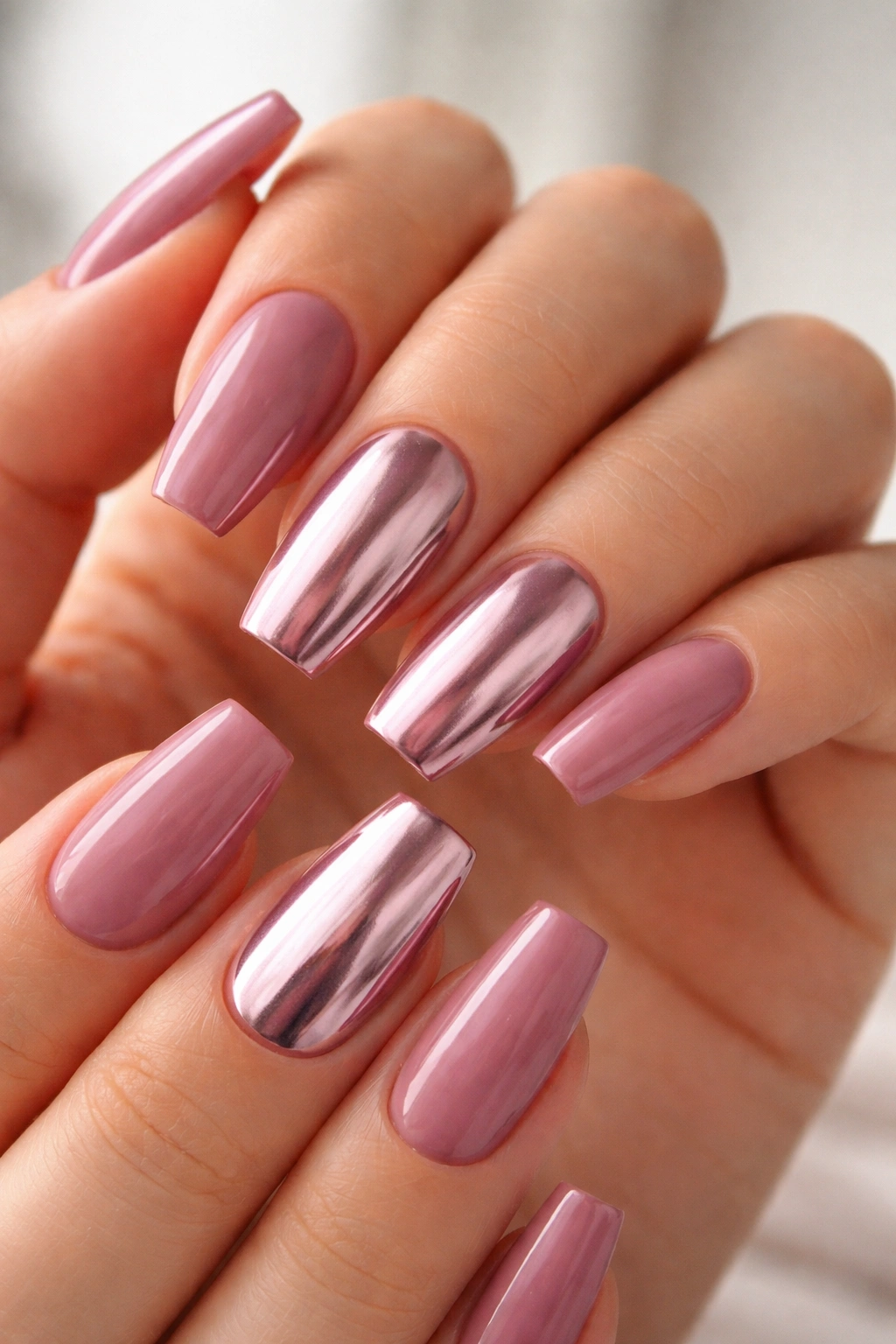 Dusty mauve-pink coffin nails with chrome powder accents